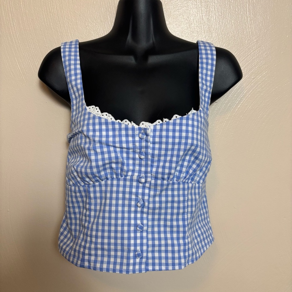 NWT Thirty Thirty Tank Top Gingham Crop Eyelet‎ Lace Blue White Checkered Large